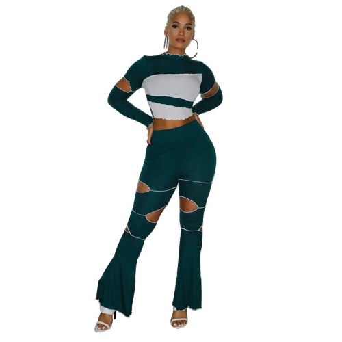Sexy Long Sleeve Crop Top And Flared Pants Bodysuit Bodysuits M298697