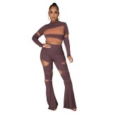 Sexy Long Sleeve Crop Top And Flared Pants Bodysuit Bodysuits M298697