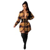 Fashion Plaid Printing Shirt Party Dresses With Delicate Belt G037283