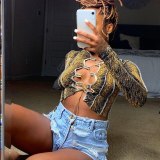 Patchwork Bandage Elastic Crop Tops Print Hollow Out T-shirts 165465b