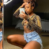 Patchwork Bandage Elastic Crop Tops Print Hollow Out T-shirts 165465b