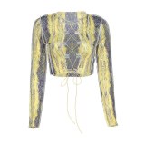 Patchwork Bandage Elastic Crop Tops Print Hollow Out T-shirts 165465b