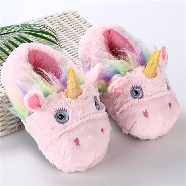 New Women Cute Cartoon White Pink Unicorn Plush Slippers 03344