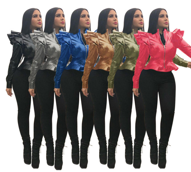 Black Faux PU Short Coats and Jackets Outerwear A504354