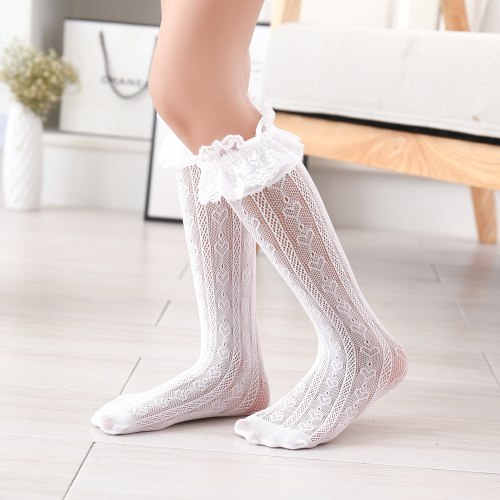 Children White Girl's Lolita Lace Knee High Socks W10516