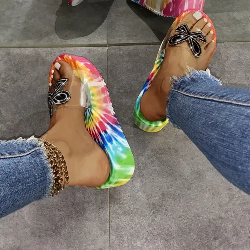 Women's Shoes Open Toe Fashion Butterfly Rhinestone Slippers Slides C0910-23