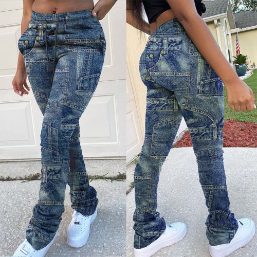 Sexy Print Jeans Woman High Waist Lace Up Ruched Pants H361829