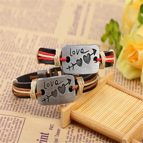 Double Heart Love Leather Bracelet Bracelets QNW108899