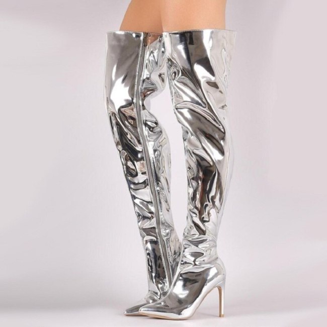 Women Thigh High Boots Patent Leather Waterproof High Heels