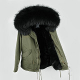 Woman Large Raccoon Fur Collar Hooded Coat Parkas B12