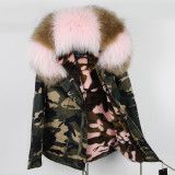Woman Large Raccoon Fur Collar Hooded Coat Parkas B12