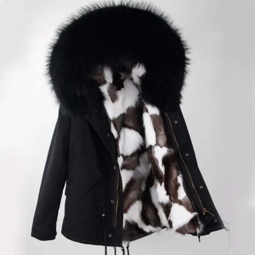 Winter Real Large Raccoon Fur Collar Fox Fur Lining Hooded Parka Coat Coats B4354