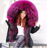 Winter Real Large Raccoon Fur Collar Fox Fur Lining Hooded Parka Coat Coats B4354