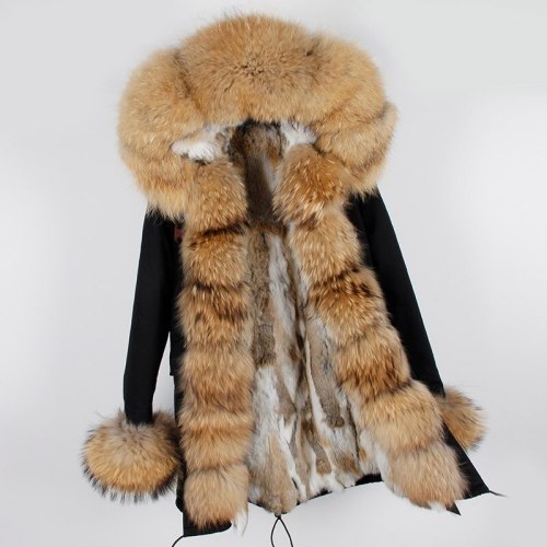 Long Parka Natural Real Rabbit Fur Collar Thick Warm Parkas HD2435