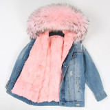 Women Real Raccoon Collar Rabbit Liner Coat Coats K2334