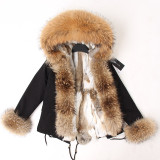 Women Short Parka Parkas Big Raccon Fur Colla Rabbit Fur Liner Coats