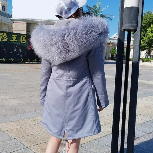 Lamb Fur Parka Medium Long Cotton Winter Jacket Coat Coats ED1526