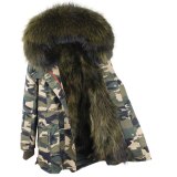 Large Natural Raccoon Fur Hooded & Lining Camouflage Long Parkas