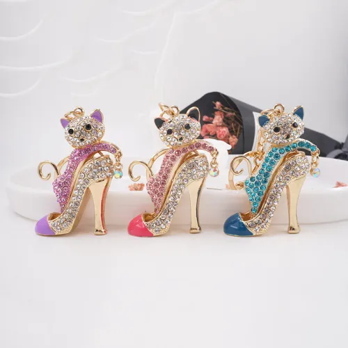 Diamond Colorful Cat Hollow High Heels Metal Keychains Keyrings YSK00112