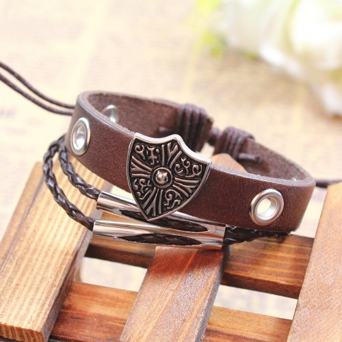 Fashion Vintage Shield Pendant Genuine Leather Bracelet Bracelets QNW202738