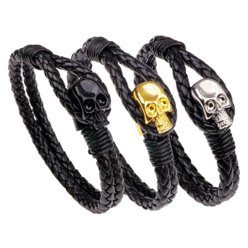 Men's Leather Woven Skeleton Double Layers Alloy Buckle Bracelet Bracelets QNW228899