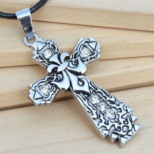 Diamond-Studded Carved Cross Necklace Necklaces QNN101627