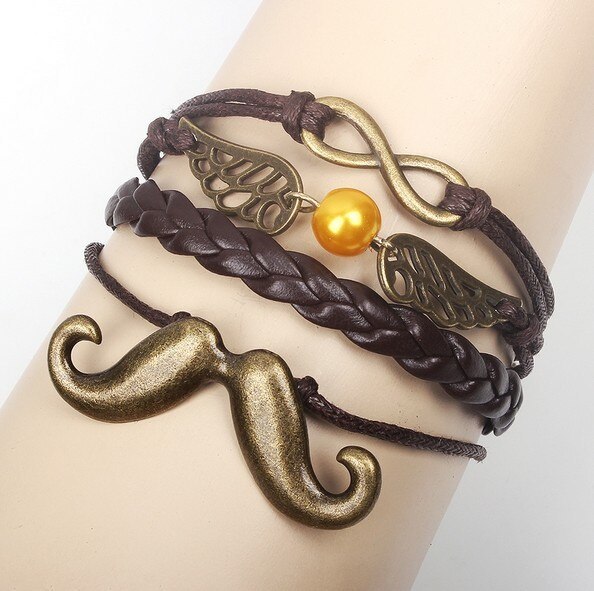 Angel Wings Beards Charms Rope Leather Cuff Bracelet BraceletsQNW802132