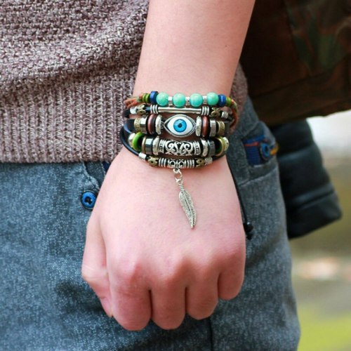 Leather Bracelet Beads Feather Evil Eye Charm Bracelets Ethnic Jewelry QNW222334