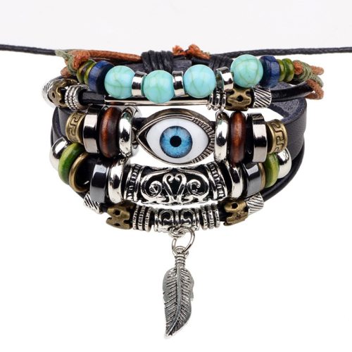 Leather Bracelet Beads Feather Evil Eye Charm Bracelets Ethnic Jewelry QNW222334