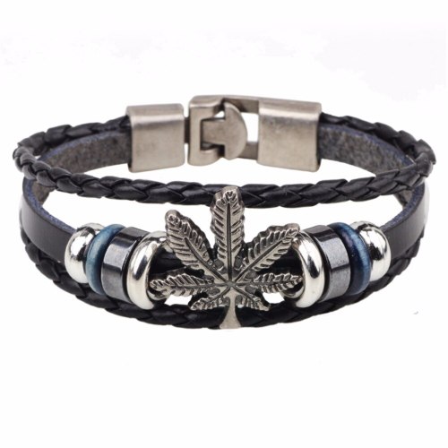 Maple Leaf Charm Round Bead Leather Bracelet Bracelets QNW217283
