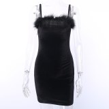 Black Fur Patchwork Velvet Backless Mini Dresses