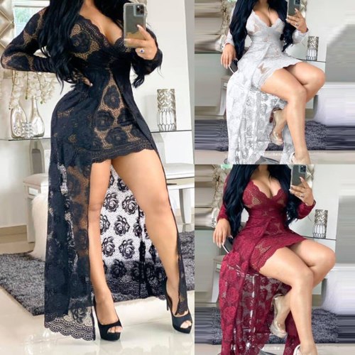 Nightclub V-Neck Lace Long Sleeve Full Dress Bodysuits Bodysuit Outfit Outfits 12489-L56