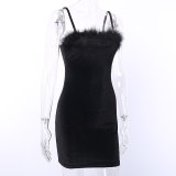 Black Fur Patchwork Velvet Backless Mini Dresses