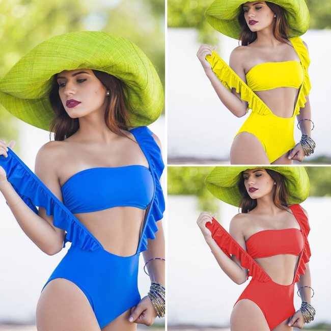 Women Bandeau Top Swimsuit Blue High Waist Swimsuits 874657