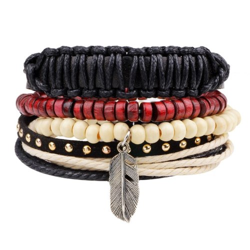 Leather Leaf Rivet Charm Red Beige Wooden Stacked Layers Wide Bracelets QNW403546