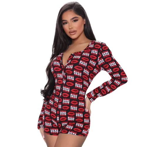 Sexy  Women Rompers Letter Printed  Kiss Love  V Neck Pajamas Onesies FE08495