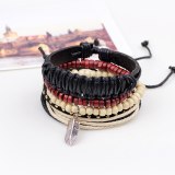 Leather Leaf Rivet Charm Red Beige Wooden Stacked Layers Wide Bracelets QNW403546
