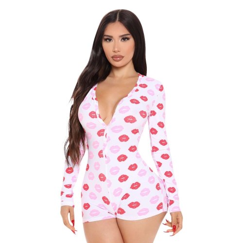 Sexy  Women Rompers Letter Printed  Kiss Love  V Neck Pajamas Onesies FE08495