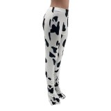 Black White Cow Printed Sexy Stacked Jogger Sport Pants M903849
