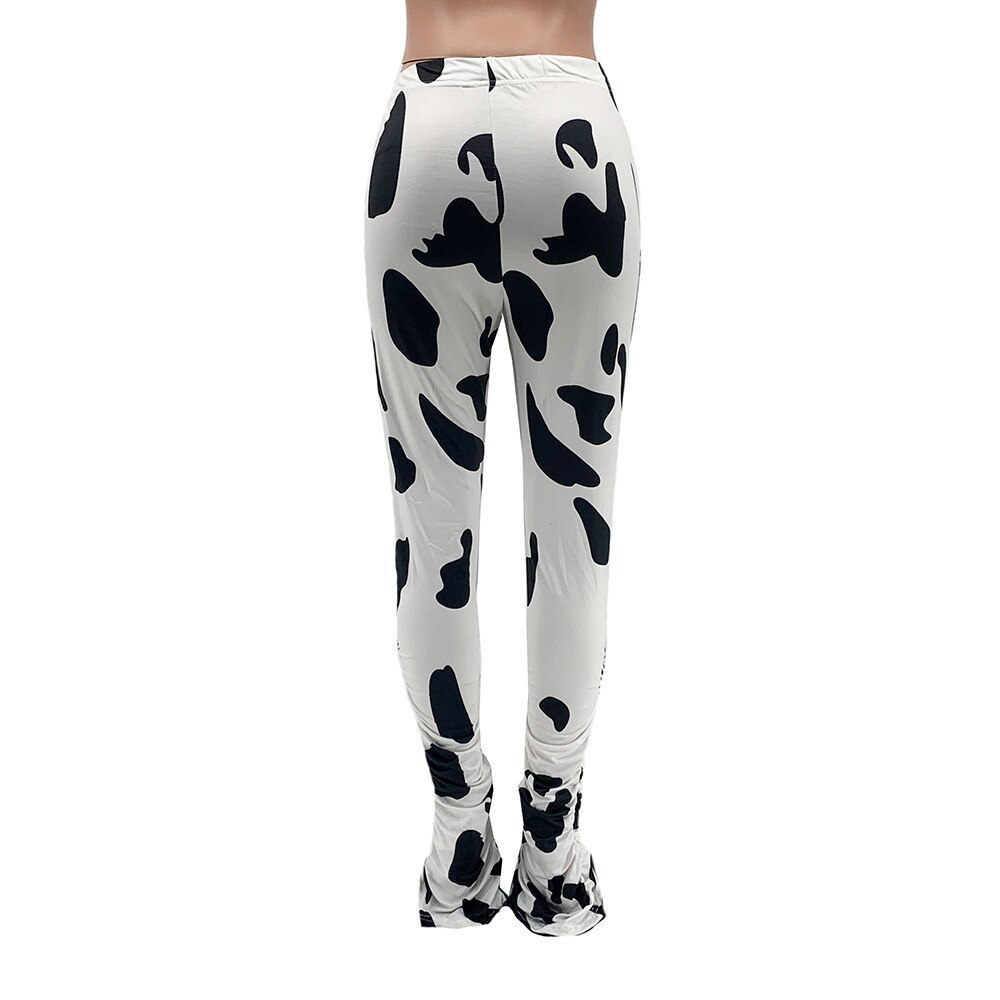 Black White Cow Printed Sexy Stacked Jogger Women High Waist Extra Long Bodycon Sweatpant