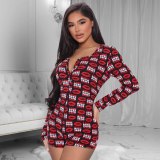 Sexy  Women Rompers Letter Printed  Kiss Love  V Neck Pajamas Onesies FE08495