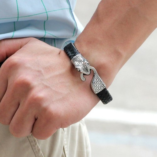 Geometric Metal Bracelet Leather Woven Men's Bracelets QNW250011