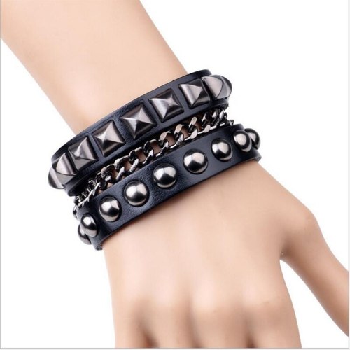 Punk Rivet Mulyilayer Metal Chain Leather Bracelets QNW221829