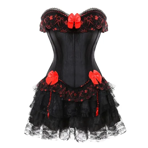 New Lingerie Sexy Corset Black Satin Bustier Lace Mini Skirt 079700819