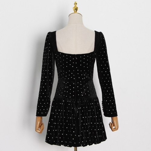 Women Square Collar Long Sleeve High Waist Casual Mini Dresses 2800718