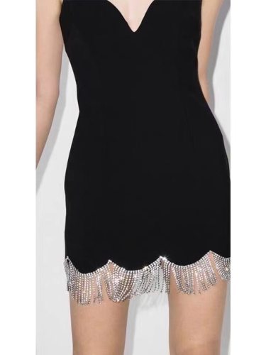 Sexy Women Diamond Tassel Strapleess Sleeveless Mini Dresses 8342132