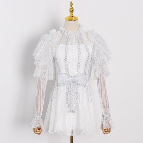 Fashion Elegant Stand Collar Ruffles Sleeve With Chain Dress Dresses 20296107