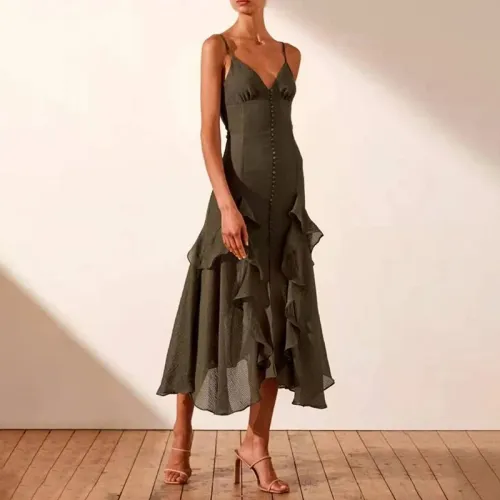 New Stylish Solid Color Sexy Large V-neck Slim Backless Irregular Long Dresses 832991010