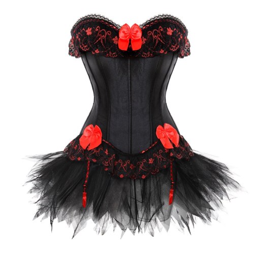 New Lingerie Sexy Corset Black Satin Bustier Lace Mini Skirt 079700819