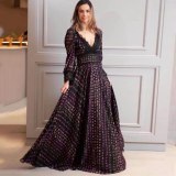 Women Butterfly Print Long Dress Sexy Lace V-neck A-line Dresses VDR8302031